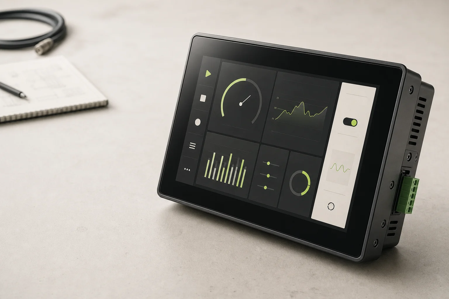 Embedded touchscreen device displaying a graphite and signal-lime industrial interface